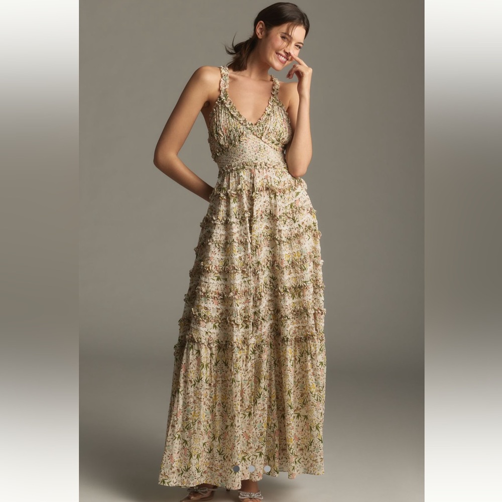 Mac Duggal Halter Tiered Ruffled Maxi Dress
